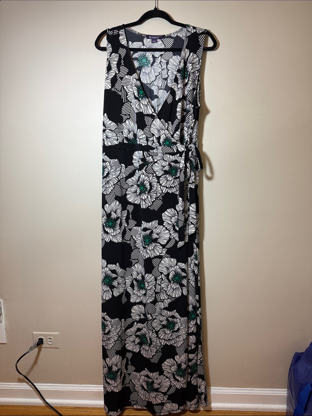 Roaman's Black Floral Wrap Maxi Dress with White and Green Details